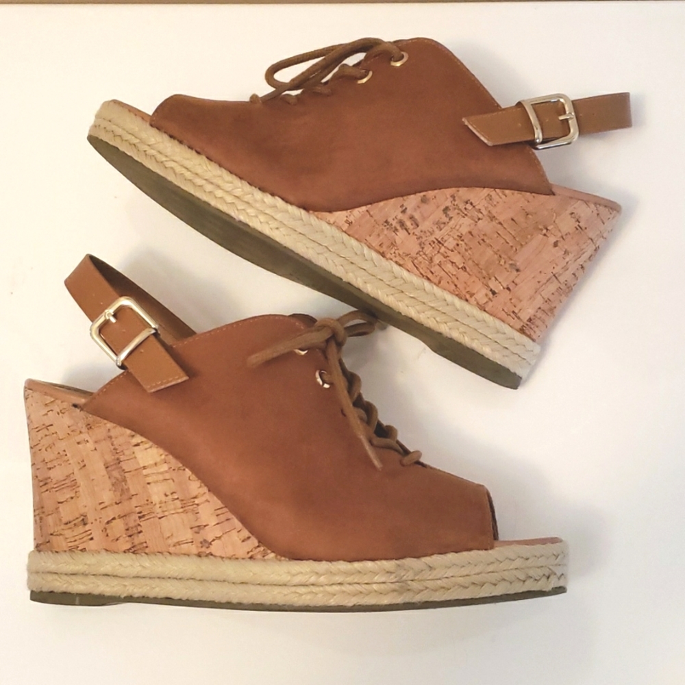 Bebece Suede Peep toe Cork Wedges 10 EUC - Picture 2 of 9
